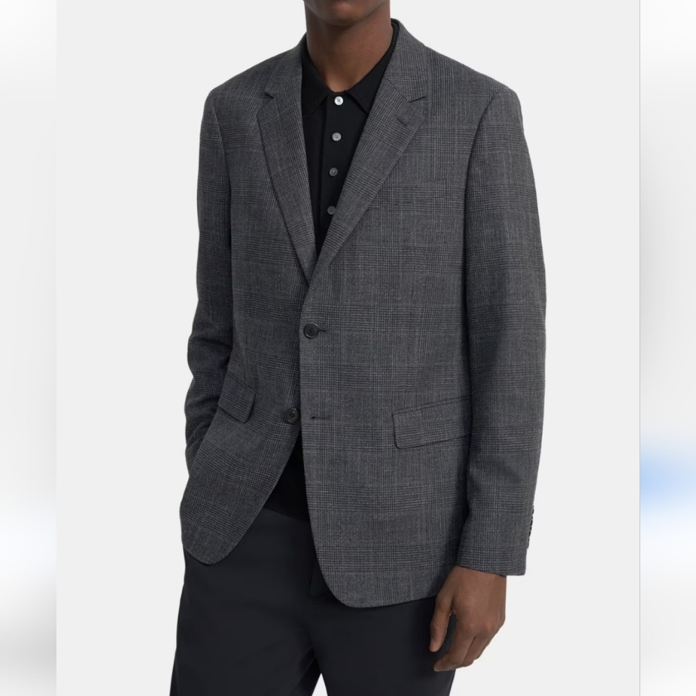 Mens Grey Checked Wool-Cotton Structured Blazer, Size 42